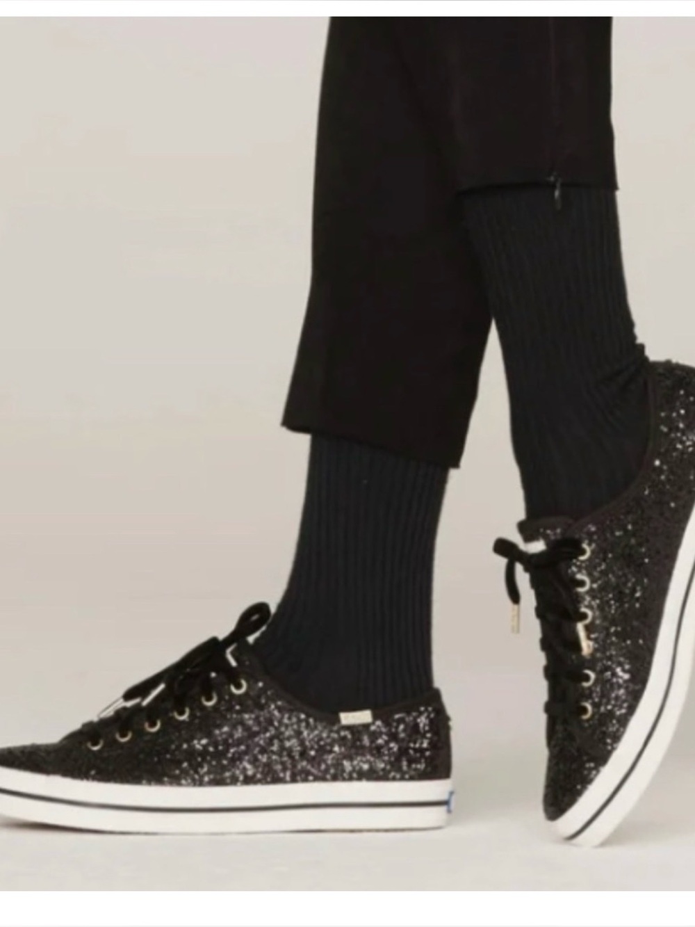 New in box. Keds x Kate Spade Black Glitter Lace-Up Athletic Sneakers. Size 8